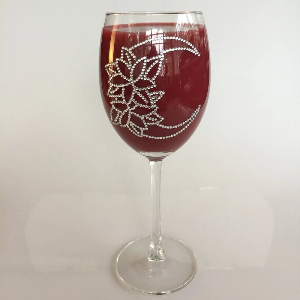 Wine glass, unique, handmade. Two-sided, same moon, silver rhinestones